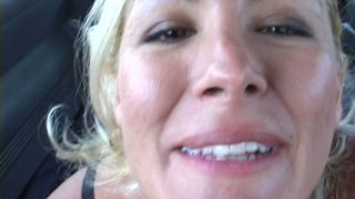 Funny blonde milf Renee has sexy fun with dick in the van