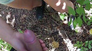 Brunette banging huge cock in bushes